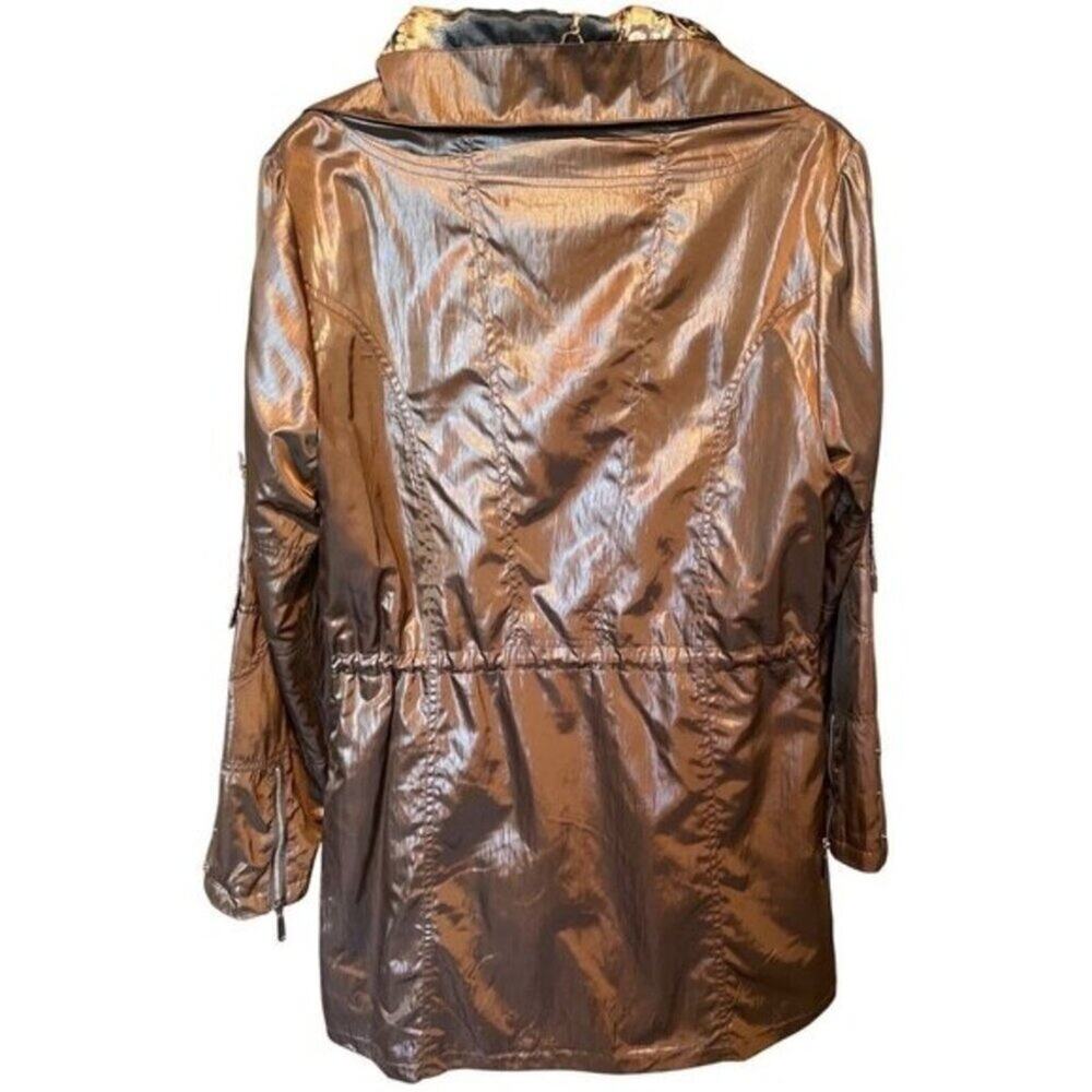 Vintage Y2K Women Metallic Brown Safari Utility Jacket Animal Print Lined M - Picture 2 of 16